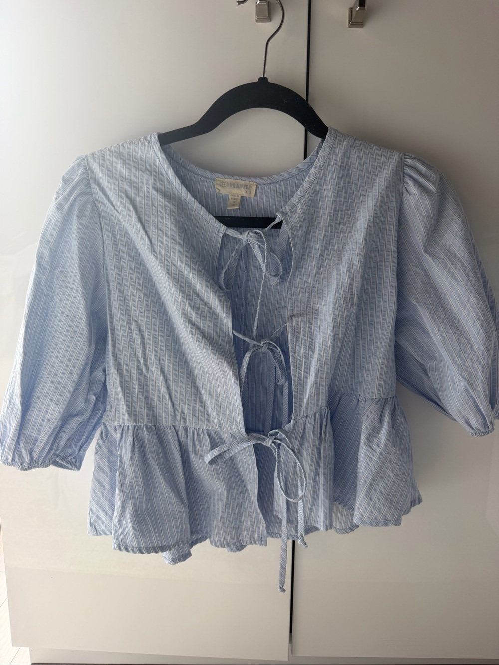 Blue and White Striped Tie Blouse